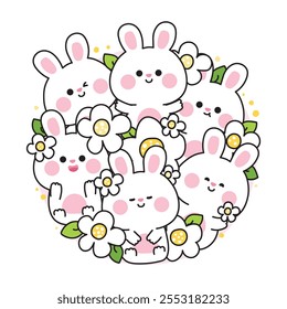 Cute rabbits bunny various poses stay in circle shape frame with flower and leaf.Floral.Nature.Rodent animal character cartoon design.Kawaii.Vector.Illustration.