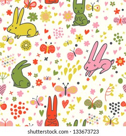 Conejos y mariposas en vectores. Bonito fondo infantil. Se puede usar un patrón sin inconvenientes para papeles pintados, rellenos de patrones, fondos de páginas web, texturas superficiales.
