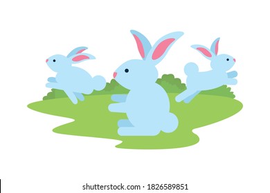 cute rabbits in the camp scene characters vector illustration design