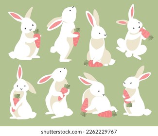 Cute rabbits with carrot in different poses cartoon set isolated on light green background vector illustration