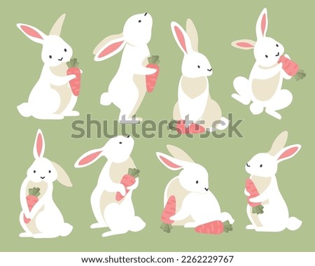 Cute rabbits with carrot in different poses cartoon set isolated on light green background vector illustration