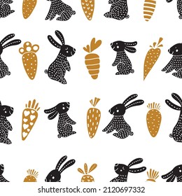 Cute rabbits and carrots in the Scandinavian forest. Seamless template can be used for wallpapers, fill templates, web pages backgrounds, surface textures