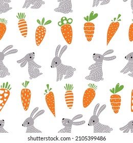 Cute rabbits and carrots. Seamless pattern can be used for wallpapers, fill templates, web pages backgrounds, surface textures