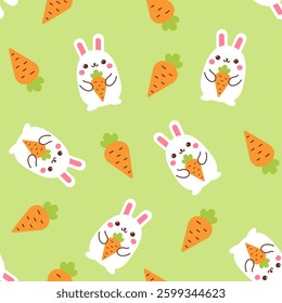 Cute rabbits and carrots seamless pattern texture in joyful pastel colors vector illustration. Easter bunny. Spring tiled background. Fabric extile or gift wrapping paper design element. Fashion print