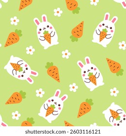 Cute rabbits and carrots seamless pattern texture in joyful pastel colors vector illustration. Easter bunny. Spring tiled background. Fabric textile or gift wrapping paper design element.Fashion print