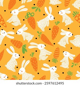 Cute rabbits and carrots. Seamless template can be used for wallpapers, fill templates, web pages backgrounds, surface textures