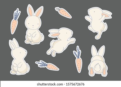 Cute rabbits and carrots stickers kit, bakery decorations, birthday labels kit, baby shower party elements classic, universal design