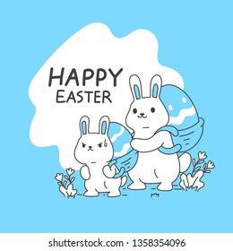 Cute rabbits carry easter eggs on back simple and clean line vector illustration