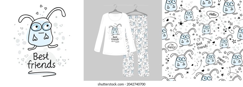 Cute rabbits, cartoon animals on a white background. Seamless pattern for girls, women. Women's designer pajamas. Vector illustration. Typography of clothes, shirts, t-shirts. Hand-drawn.
