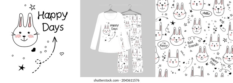 Cute Rabbits, Cartoon Animals On A White Background. Seamless Pattern For Girls, Women. Women's Designer Pajamas. Vector Illustration. Typography Of Clothes, Shirts, T-shirts. Hand-drawn.