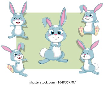 Cute Rabbits Cartoon Characters Set. Vector illustration With Cartoon Happy Animal