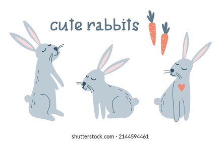 Cute rabbits in cartoon style. Vector illustration.