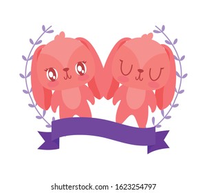 Cute rabbits cartoons and leaves wreath design, Animal zoo life nature character childhood and adorable theme Vector illustration