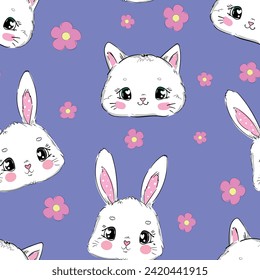 Cute rabbits and cats and flowers vector seamless pattern Kids print background 