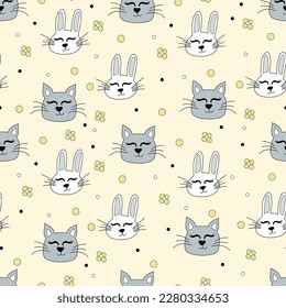 Cute rabbits and cats, seamless pattern, hand drawn pattern with flowers and dots, vector illustration