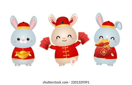 Cute Rabbits celebrate Chinese New Year with gold and red packet. Vector cartoon design