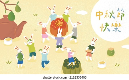 Cute rabbits celebrate Mid-Autumn Festival with pomelo and mooncake. Tea set, calligraphy, and happy autumn scene. Translation - Happy Moon Festival