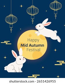 Coelhos bonitos celebrando o festival de outono com lanternas e lua cheia em um céu noturno estrelado. Vetor