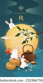 Cute rabbits celebrating the mid-autumn festival with moon cakes, hot tea and full moon. Vector illustration.  Chinese translation: Happy mid-autumn festival.