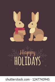 Cute rabbits Christmas greeting card. Happy holidays