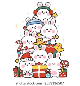 Cute rabbits christmas tree in various poses.Happy new year.Gift box,star,gingerbread,candy,santa hat.Rodent animal character cartoon design.Kawaii.Vector.Illustration.