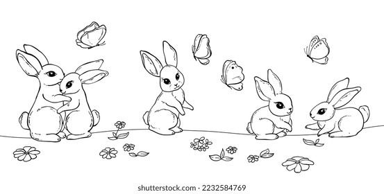 Cute rabbits in the clearing jump and sit, hand-drawn, doodle style. Butterflies are flying around. Vector illustration