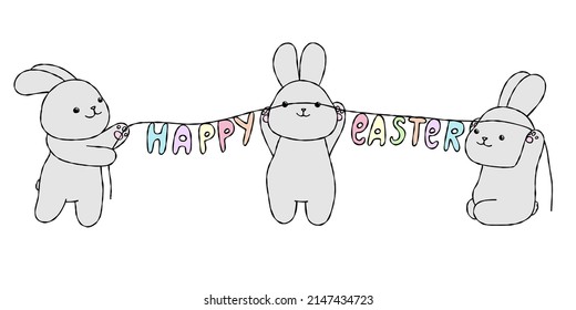 Cute rabbits collection isolated. Animals with text happy easter card.