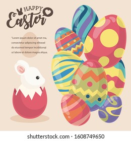 Cute rabbits and colorful eggs, Happy Easter's Day, Lettering background decorated with colourful eggs. Vector illustration greeting card, ad, promotion, poster, flyer, banner, web-banner, arti