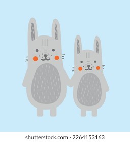 Cute rabbits concept. Grey animals, mother and child. Forest dwellers, tenderness and love, care. Sticker for social networks and messengers. Cartoon flat vector illustration