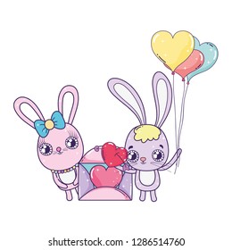 cute rabbits couple with balloons helium valentines day