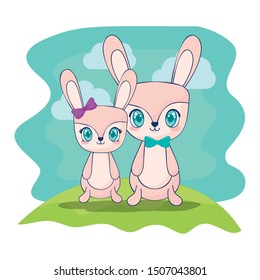 cute rabbits couple characters vector illustration