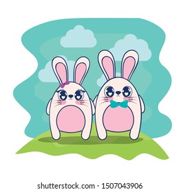 cute rabbits couple characters vector illustration