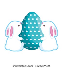 cute rabbits couple with easter egg painted