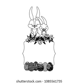 cute rabbits couple with egg and wreath easter celebration