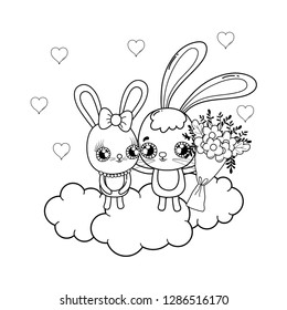 cute rabbits couple with flowers valentines day