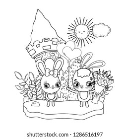 cute rabbits couple with flowers valentines day