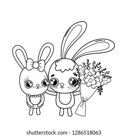 cute rabbits couple with flowers valentines day