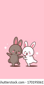 cute rabbits couple happy easter bunnies having fun sticker spring holiday concept vertical greeting card vector illustration