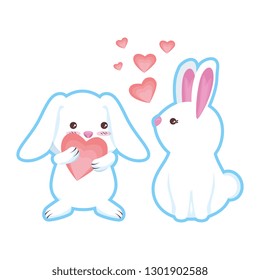 cute rabbits couple with hearts love