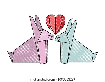 cute rabbits couple origami paper with heart