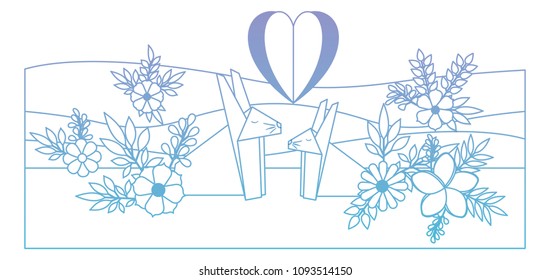 cute rabbits couple origami paper in the field