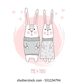 Cute rabbits couple. Valentines Day card. Vector illustration