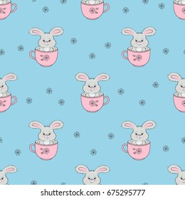 Cute rabbits in cups seamless pattern. Vector Baby print with bunnies.