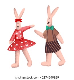 Los conejos adorables bailan. Los personajes del conejo bailan. Ilustración vectorial dibujada a mano