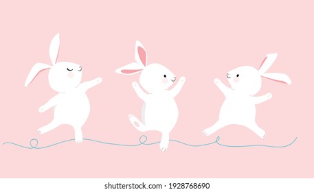 Geruchte Kaninchen tanzen. Weiße Kaninchen tanzen. rosafarbener Hintergrund. Ballettkaninchen. Ostern.