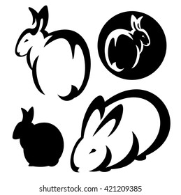 cute rabbits design set - black and white vector outlines and silhouette collection