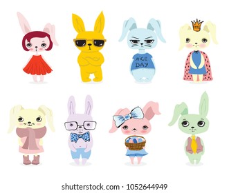 Cute rabbits doodle kid set. Hand drawn design of cute rabbits perfect for easter card, banners, stickers and other kid's things.