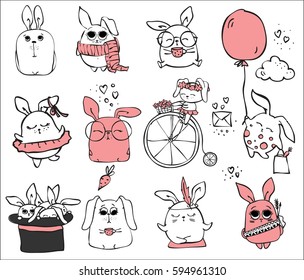 Cute rabbits doodle kid set. Simple design of cute rabbits perfect for easter card, kid's banners, stickers and other 