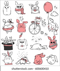 Cute rabbits doodle kid set. Simple design of cute rabbits perfect for easter card, kid's banners, stickers and other