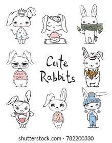 Cute rabbits doodle kid set. Hand drawn design of cute rabbits perfect for kid's card, banners, stickers and other kid's things.